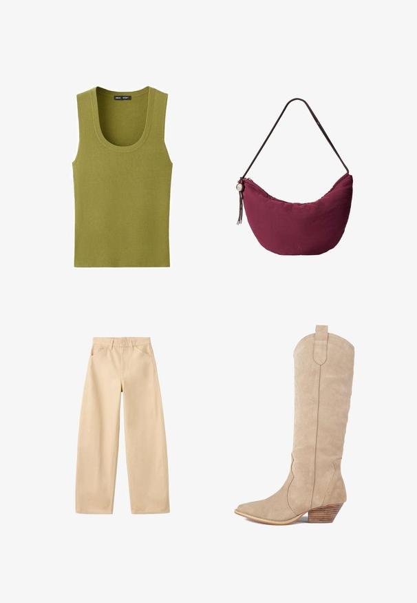 Débardeur tricoté sans manches en vert olive avec un col en forme de scoop et une étiquette de marque noire à l'intérieur du col.; Pantalon beige à jambes larges avec passants pour ceinture, poches avant, et un design épuré et simple, posé à plat sur un fond blanc.; Botte de cowboy en daim beige avec un bout pointu, des coutures décoratives et un talon en bois empilé. La hauteur atteint le mollet.; Petit sac à épaule couleur bordeaux en forme de croissant, avec une lanière fine, une fermeture éclair et une perle ronde décorative sur un côté.