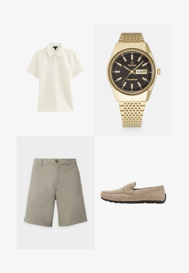 Kortärmelig crème ribfluwelen katoenen poloshirt met twee knopen en een klassieke kraag, plat liggend op een witte achtergrond.; Lichtgrijze knielange shorts met voorste knoop, riemlussen en zijzakken op een witte achtergrond.; Bata Mocassins - grigio; Goudkleurig quartz horloge met octagonale case, zwarte wijzerplaat, metalen uurmarkeringen, datumaanduiding en een gestructureerde gouden mesh band.