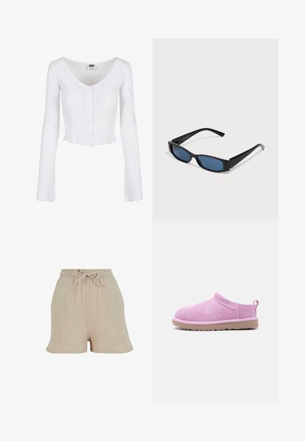 Cardigan court blanc côtelé à manches longues, col en V, cinq boutons sur le devant, ourlet et poignets légèrement froncés, taille XS.; Shorts beiges texturés avec une taille élastique et un cordon de serrage, présentant une coupe décontractée et des poches sur les côtés.; Chaussure à enfiler en daim rose pâle avec une semelle en caoutchouc beige et un onglet à l'arrière, conçue pour un usage décontracté en intérieur comme en extérieur.; Lunettes de soleil noires avec une monture rectangulaire élégante et des verres bleus. Présente une texture lisse et des branches robustes. Logo de la marque sur le côté.