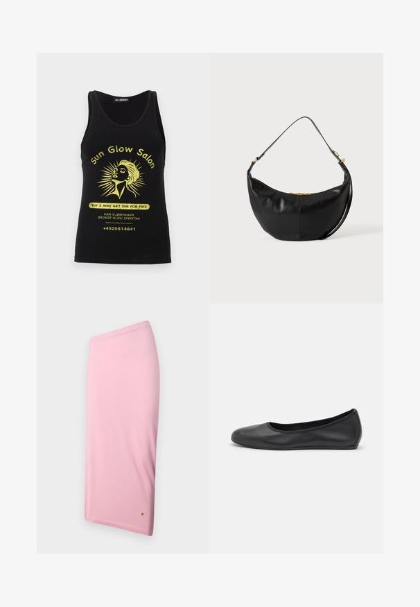 Zwarte tanktop met gele afbeelding van een vrouwen gezicht met zonnestralen, tekst "Sun Glow Salon", promotionele aanbieding en contacttelefoonnummer.; Roze knielange rok van gladde stof, met een eenvoudig ontwerp, een verborgen tailleband en een kleine logo-accent aan de zoom.; Zwarte leren ballerina met een ronde neus, gladde textuur, minimale stikdetails en een flexibele zoolontwerp.; Zwarte leren handtas in halve maanvorm met een enkele schouderriem en gouden ritssluitingdetail op egale achtergrond.