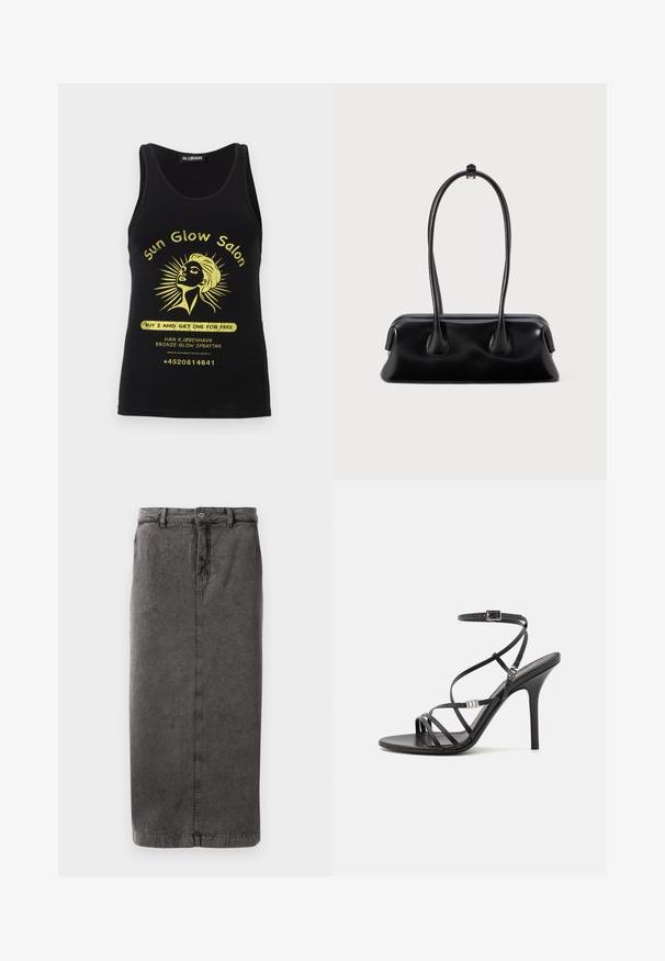 Schwarzes Tanktop mit gelbem Grafikmotiv eines Frauenkopfes mit Sonnenstrahlen, Schriftzug "Sun Glow Salon", Werbeangebot und Kontakttelefonnummer.; Grauer, aus Baumwollmischung gefertigter Rock mit gerader Silhouette, Knopf- und Reißverschlussöffnung, Gürtelschlaufen und einer einzelnen Gesäßtasche.; Schwarze High-Heel-Sandale mit dünnen Riemen, einem Knöchelverschluss, einer glatten Lederoberfläche und einem schlanken Stiletto-Absatz.; Schwarze Lederhandtasche mit zwei langen Griffen, glatter Textur und einer abgerundeten Basis mit dekorativen Akzenten an den Seiten.