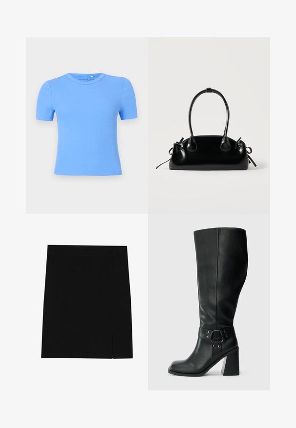 T-shirt bleu clair côtelé à manches courtes avec un col rond, présentant une coupe ajustée et une texture lisse. Aucun motif ou accent visible.; Mini-jupe noire en tissu doux avec une coupe ajustée, présentant une légère fente sur le côté pour plus de style.; Bottes en cuir noires arrivant au genou, avec un bout carré, un large talon et une sangle décorative avec des accents métalliques autour de la cheville. Texture lisse.; Petit sac à main noir brillant avec deux longues anses et des détails à cordon sur les côtés sur un fond clair uni.