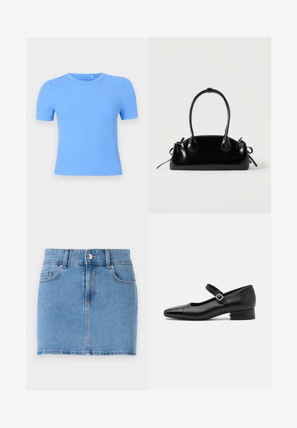 Helehall sinine soonikkoes lühikeste varrukatega t-särk, ümmarguse kaelusega, mis on istuva lõike ja sileda tekstuuriga. Mustritel ega aksentidel puudub nähtavus.; Heledan denim mini seelik helesinis. Omab kitsast disaini, viit taskut, nööbiga kinnitust ning sirget äärt, millel on kerge kulumine.; Mustat nahast Mary Jane kingad, millel on patendist varvas, reguleeritav pahkluu rihm ja madal plokktald. Sile tekstuur ja stiilne disain.; Väike must läikiv käekott kahe pika sangaga ja külgedel paelakinnitustega, ühel lihtsal helel taustal.