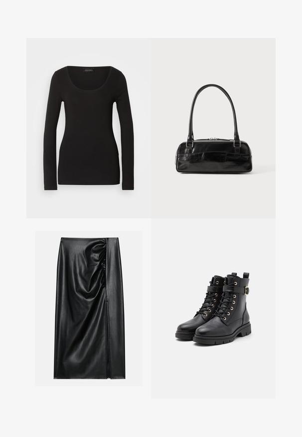 Haut noir à manches longues avec un décolleté en U, fabriqué en tissu doux et extensible. Présente une forme ajustée et une texture lisse. Étiquette de marque visible.; Jupe en cuir noir avec une texture lisse, présentant une section froncée sur un côté et une fente sur le côté pour un détail supplémentaire.; Bottes noires en cuir avec un bout rond, des lacets, œillets en or, un accent de boucle et une semelle épaisse et texturée.; Sac à main en cuir noir de forme rectangulaire, doté d'une seule ansse structurée, de quincaillerie argentée et d'une fermeture éclair. Texture lisse.