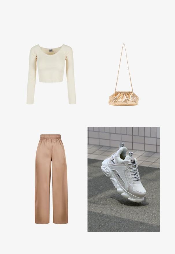 Cremefarvet langærmet cropped top med scoop-neck, ribbet tekstur og en størrelse XS Urban Classics etiket indeni kraven.; Bredbenede, lysebrune bukser lavet af glat stof med elastisk talje, der har et enkelt design uden yderligere dekorationer.; Hvide sneakers med mesh- og lædermaterialer, rund tå, tyk sål, fremtrædende snørebånd og branding på hælen og tungen.; Metallic guld crossover taske med en samlet design, glat tekstur og en tynd strop. Har en plisseret silhuet og blød form.