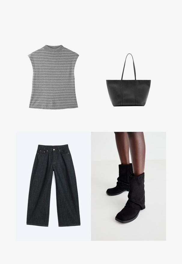 Graues ärmelloses Stricktop mit weißen horizontalen Streifen und hohem rundem Halsausschnitt, flach auf weißem Hintergrund ausgelegt.; Dunkelblaue Jeans mit weitem Bein, vorderen Taschen und Gürtelschlaufen, flach auf hellem Hintergrund liegend.; Schwarze Wildleder-Ankle Boots mit einem lässigen Design, flacher Sohle und quadratischer Zehenpartie, präsentiert auf dunklen Beinen vor einem hellen Hintergrund.; Schwarze Ledertasche mit langen schlanken Henkeln, einer strukturierten Oberfläche und einem weit geöffneten oberen Bereich.
