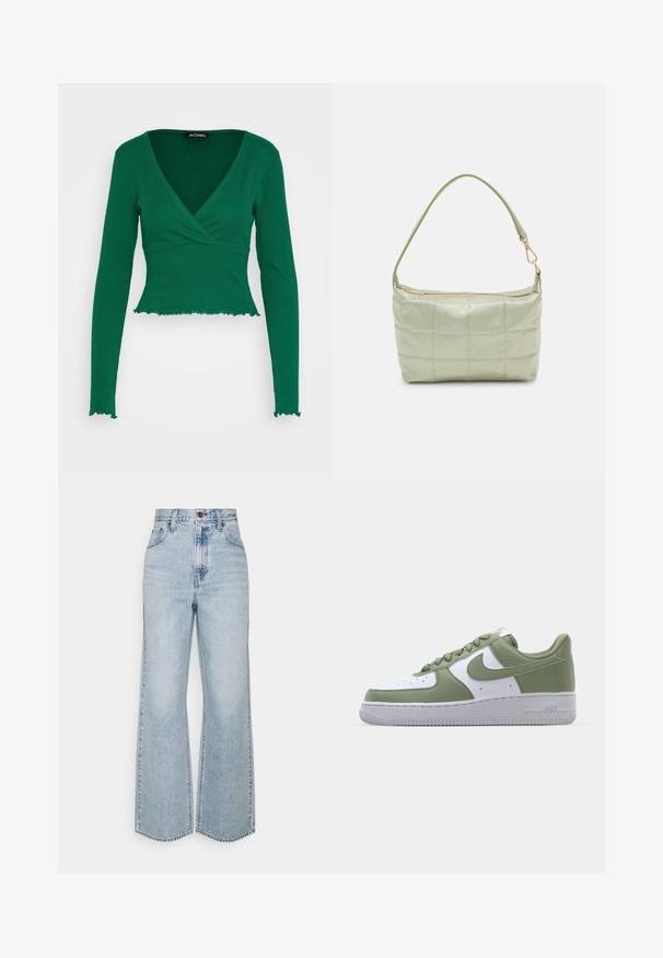 Monki Top s dlhým rukávom - solid green; Svetlo modré dámske džínsy s širokými nohavicami, vysokým pásom, klasickým dizajnom piatich vreciek a kontrastným šitím. Detail surového lemu na spodnej časti.; Nike Air Force 1 tenisky v zeleno-bielej koži. Nízkoprofilový dizajn, okrúhla špička, textúrovaná gumová podrážka a výrazný detail loga Swoosh.; Polstrovaná zelená ramenná taška s mäkkou textúrou, obdĺžnikovým tvarom, jedným popruhom a zlatou zipsovou uzáverou. Obsahuje prešívaný vzor.