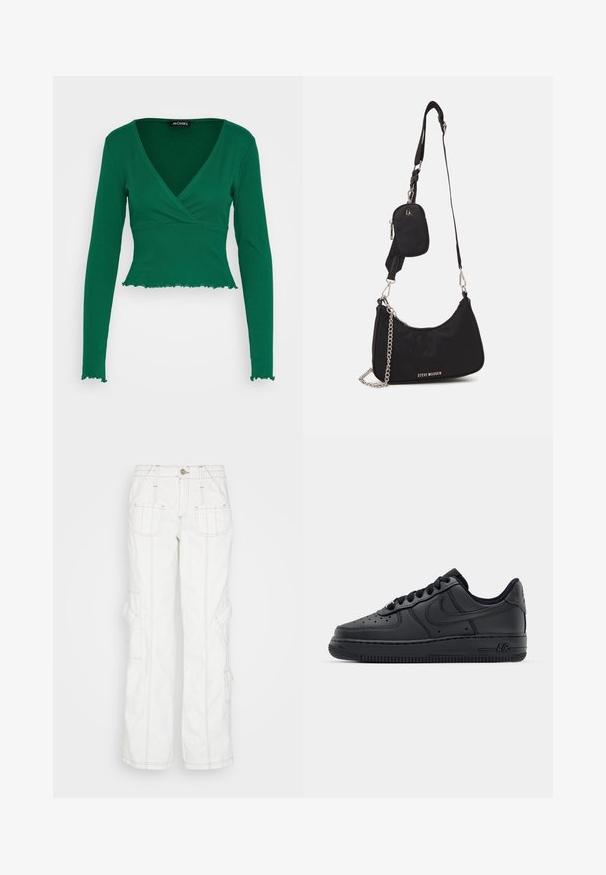 Monki Top s dlhým rukávom - solid green; BDG Urban Outfitters Džínsy voľného strihu - white; Čierne kožené tenisky s perforovanou špičkou, plochými šnúrami a gumovou podrážkou. Obsahujú malé logo na boku a textúrované detaily.; Čierna nylonová taška cez rameno so zakriveným tvarom, strieborným reťazovým akcentom, odnímateľnou mini taškou a nastaviteľným popruhom; má logo "Steve Madden".
