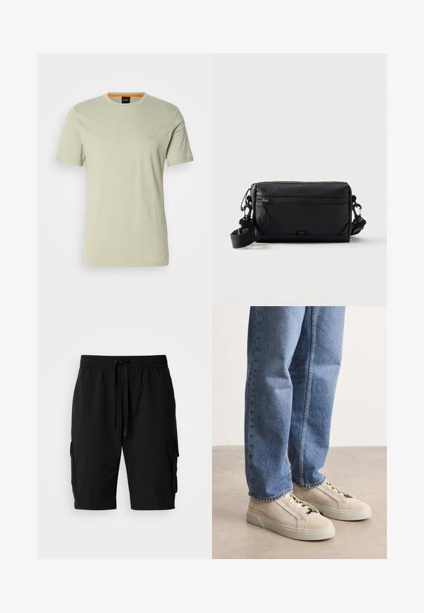 Lys grøn kortærmet t-shirt lavet af bomuld. Har et lille firkantet logo på brystet og en orange detalje ved halsudskæringen.; Sorte cargo shorts lavet af letvægtsstof, med elastisk talje, snor og sidelommer til ekstra opbevaring.; BOSS GARYTENN_SDHDEL - Sneakers - natural ten; Sort rektangulær crossbody taske med front lynlåslomme, justerbar rem og præget "BOSS" logo øverst i midten.