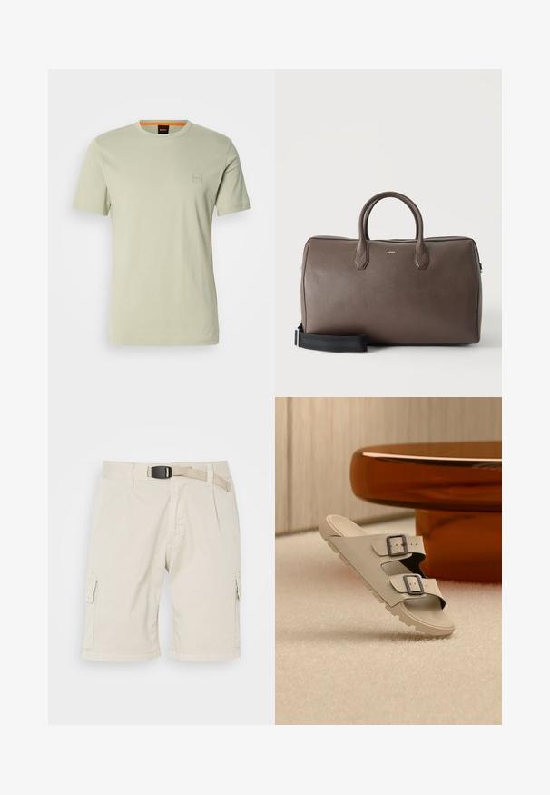 Lichtgroene t-shirt met korte mouwen van katoen. Heeft een klein vierkant logo op de borst en een oranje accent bij de halslijn.; Beige cargoshorts met een vlakke voorkant, riemlussen, plooien, zijzakken en een gestructureerde stof. De lengte reikt tot halverwege het bovenbeen.; Beige sandaal met twee zwarte gespen balanceert op een witte gestructureerde vloer voor een ronde, glanzende amberkleurige tafel in een minimalistische kamer.; Bruine leren duffeltas met twee handvatten, een zwarte verstelbare schouderriem en een klein "BOSS" logo middenvoor.