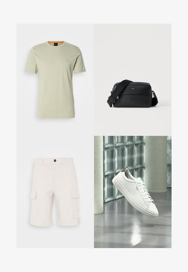 Lys grøn kortærmet t-shirt lavet af bomuld. Har et lille firkantet logo på brystet og en orange detalje ved halsudskæringen.; Beige cargo shorts lavet af letvægtsstof, med to sidelommer og en foldet nederkant. Knaplukning i taljen.; Hvid læder lav-top sneaker med snørebånd, sort hælflig og "BOSS"-logo, svævende indendørs nær glasblok væg og poleret gulv.; Sort tekstureret læder crossbody taske med front lynlåslomme og justerbar bred stofskulderrem på hvid baggrund.