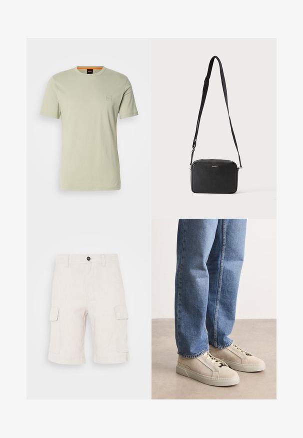 T-shirt vert clair à manches courtes en coton. Présente un petit logo carré sur la poitrine et un accent orange au niveau du col.; Shorts cargo beiges en tissu léger, dotés de deux poches latérales et d'un ourlet replié. Fermeture à bouton à la taille.; BOSS GARYTENN_SDHDEL - Baskets basses - natural ten; Sac bandoulière rectangulaire noir avec sangle réglable et logo BOSS sur le devant, sur un fond clair uni.