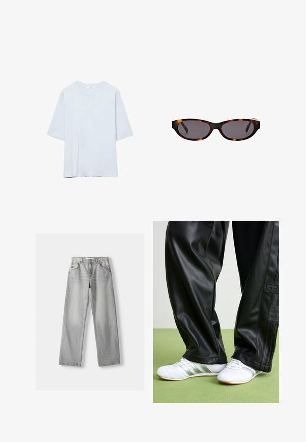 T-shirt bleu clair uni à manches courtes et col rond, coupe décontractée, présenté sur un fond blanc.; Jean en denim gris clair avec une coupe droite, dotée de deux poches avant, d'un bouton de fermeture et d'un léger délavage pour la texture.; Pantalons en simili cuir noir avec une coupe ample, présentant une texture lisse et des rayures latérales. Associés à des baskets blanches avec des accents argentés.; Lunettes de soleil ovales en écaille de tortue avec des verres teintés foncés et une monture fine, vues de face sur un fond blanc.