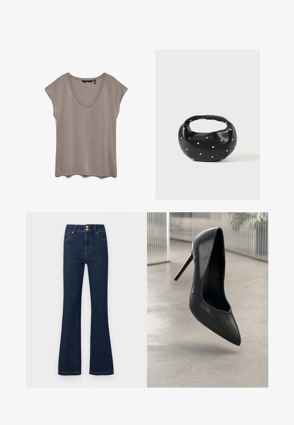 Top de mujer de color topo, manga corta, con escote en V y corte holgado, extendido sobre un fondo blanco.; Vaqueros de mezclilla azul oscuro con cintura alta, cierre de doble botón, bolsillos delanteros y piernas ligeramente acampanadas.; Zapato de tacón alto de cuero negro con punta afilada, diseño elegante y sin herrajes visibles. Textura suave y estilo minimalista.; Bolso de mano de cuero negro con forma redondeada, decorado con detalles de tachuelas plateadas y un asa corta. Textura lisa y cierre con cremallera.