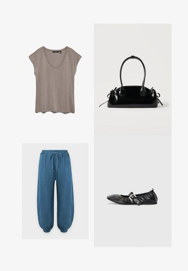 Haut taupe pour femme à manches courtes, décolleté en V et coupe décontractée, posé à plat sur fond blanc.; Pantalon bleu texturé ample avec ceinture élastique et poignets aux chevilles, avec un cordon de serrage à l'avant pour l'ajustement.; Chaussure plate en cuir noir avec un nez pointu, des détails froncés autour de l'ouverture et un accent en boucle argentée sur la bride ajustable.; Petit sac à main noir brillant avec deux longues anses et des détails à cordon sur les côtés sur un fond clair uni.