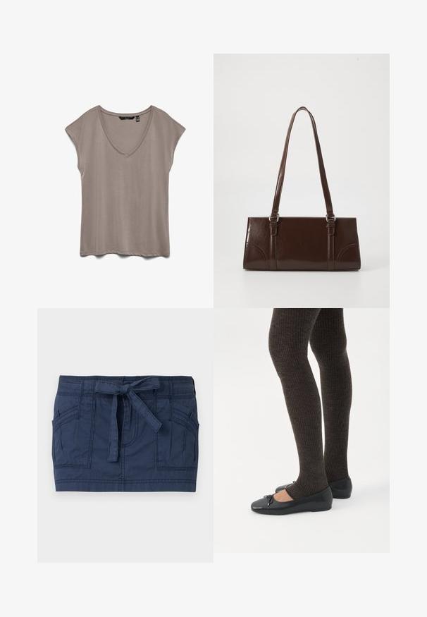 Haut taupe pour femme à manches courtes, décolleté en V et coupe décontractée, posé à plat sur fond blanc.; Mini-jupe bleu marine avec grandes poches avant et ceinture en tissu nouée à la taille, en coton texturé.; Jambes portant des leggings côtelés foncés associés à des ballerines noires avec de petits détails en nœud sur fond blanc.; Sac à main en cuir verni marron de forme rectangulaire, avec deux longues poignées et des accents courbés subtils à l'avant.
