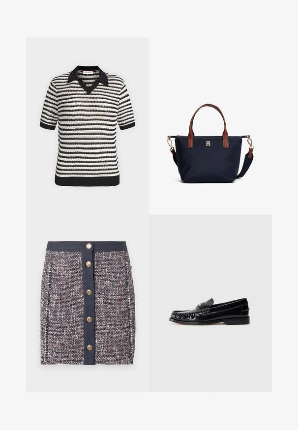Top en maille à manches courtes rayé noir et blanc avec col noir, encolure en V, poignets et ourlet côtelés.; Jupe en tweed tissé bleu marine, rouge et blanc. Elle présente une large ceinture, une fermeture à boutons à l'avant et des poches latérales. Tissu texturé avec des motifs subtils.; Mocassins en cuir noir avec un bout arrondi, des coutures décoratives et un petit accent doré sur le dessus. Semelle en caoutchouc plate, design épuré.; Sac à main bleu marine avec poignées en cuir marron, ferrures dorées, bandoulière détachable et petit logo doré au centre.