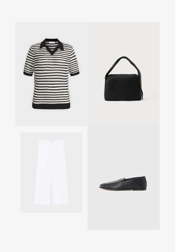 Top de punto de rayas en blanco y negro con mangas cortas, cuello negro, apertura en V y puños y dobladillo acanalados.; Pantalones blancos de pierna ancha con aberturas delanteras en el bajo, cierre de botón y cremallera, y cinturilla estrecha con trabillas.; Mocasines de cuero negro con textura suave, punta redondeada y detalles de costura sutiles. Presentan un acento de logo dorado en el lateral superior.; Bolso de mano de cuero negro con una textura suave, forma rectangular y un asa curvada. Presenta un cierre dorado y una marca sutil en la parte frontal.