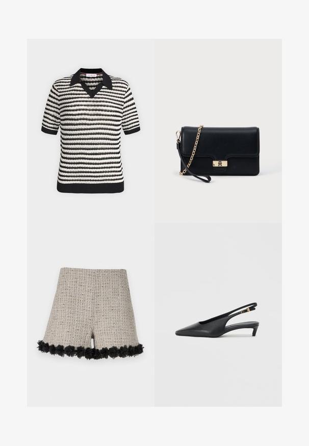 Top en maille à manches courtes rayé noir et blanc avec col noir, encolure en V, poignets et ourlet côtelés.; Shorts en tweed beige avec un motif texturé, dotés d'une bordure florale noire au bas. Le design comprend une coupe globalement ajustée.; Des escarpins à talon ouvert noirs avec un bout pointu, une texture en cuir lisse, un petit talon aiguille, et une sangle avec un accent de boucle en métal.; Sac à main en cuir noir avec un fermoir et une chaîne dorée. Design compact avec une texture lisse et des détails minimalistes.