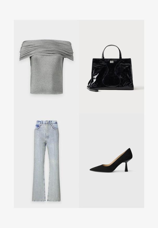 Silbernes, schulterfreies Oberteil mit geraffter Struktur, aus einem glitzernden Stoff gefertigt. Kurzes, tailliertes Design mit glatter Oberfläche.; Helleblaue, ausgeflockte Jeans mit einem Karomuster aus silbernen Verzierungen, hohem Taillenbund und fransigem Saum.; Schwarze Wildleder-Pumps mit hohem Absatz und spitzer Zehenform, ausgestattet mit einem glänzenden schwarzen Blockabsatz und einem glatten Innenfutter.; Schwarze glänzende Ledertasche mit kurzen Griffen, abnehmbarem Schulterriemen und dezenten, geschwungenen Steppnähten vorne.