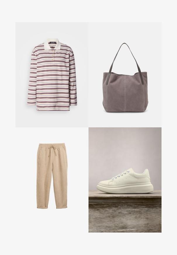Mos Mosh STRIPE - Polo - brunnera/blue; Pantalons en velours côtelé beige avec une taille élastique et un cordon de serrage, présentant une texture côtelée verticale et des jambes fuselées.; Baskets en cuir blanc avec un bout rond, une texture lisse et des lacets contrastants. Dotées de trous de ventilation et d'une semelle en caoutchouc épaisse pour le confort.; Sac fourre-tout en suédine grise avec deux poignées en cuir foncé. Présente des coutures sur les côtés, une texture douce et une ouverture spacieuse.
