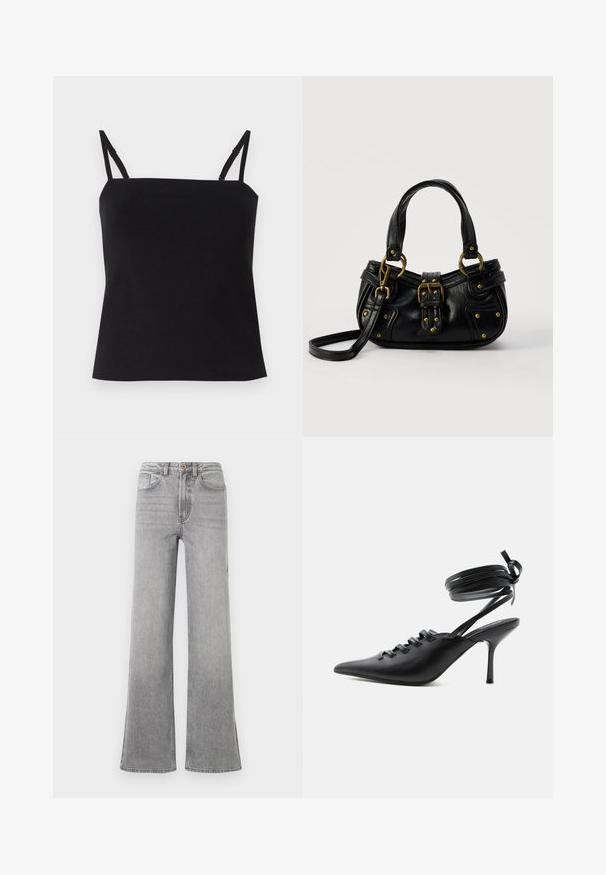 Top de tirantes finos negro, ajustable, fabricado en una tela suave y ligera. Corte recto y diseño minimalista. Sin patrones adicionales.; Jeans de mezclilla gris de campana con una cintura alta, bolsillos delanteros, trabillas para el cinturón y un sutil diseño descolorido, presentados sobre un fondo blanco.; Zapato de tacón alto negro con punta puntiaguda, con cordones en la parte delantera y correas que rodean el tobillo atadas con un lazo, mostrado de lado sobre un fondo blanco.; Bolso de cuero negro con hebilla y detalles de remaches dorados, asas cortas y una correa de hombro ajustable sobre un fondo blanco liso.