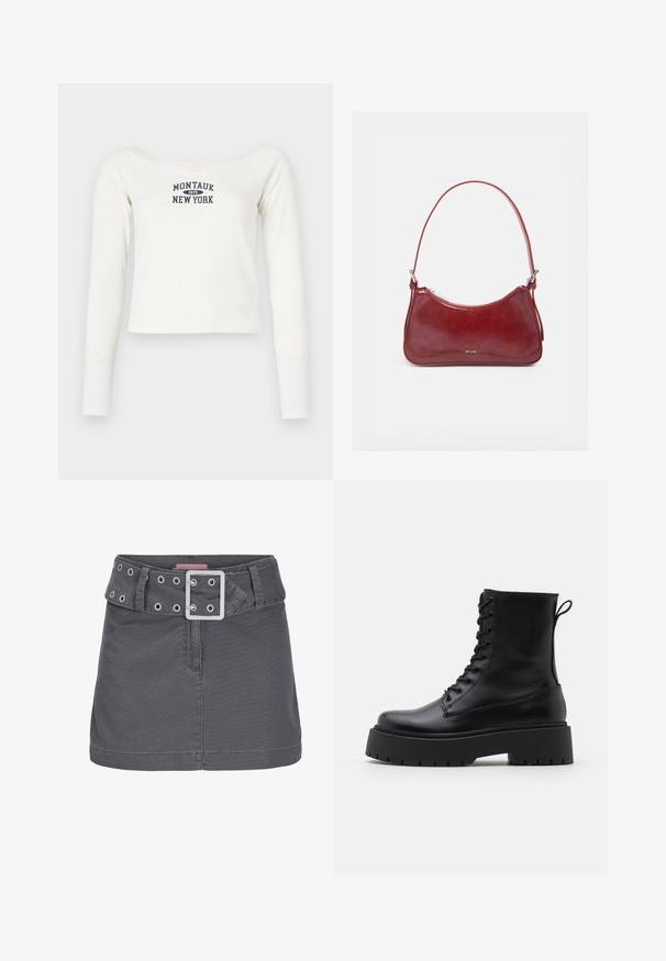 Weißes Longsleeve-Crop-Top aus weichem Stoff, mit weitem Ausschnitt und einem maritimen Print "Montauk 1975 New York" auf der Vorderseite.; Grauer Baumwoll-Minirock mit breitem Gürtel, der mit silbernen Ösen und einer quadratischen metallischen Schnalle versehen ist, gestaltet in einer klaren, geraden Silhouette.; Schwarze Lederstiefeletten mit runder Zehenpartie, Schnürung vorne und einer dicken Gummisohle mit strukturiertem Profil. Mit Zugschlaufe an der Rückseite.; Kleine glänzende dunkelrote Handtasche mit einem Riemen, silbernem Reißverschluss und "RAID"-Logo in der Mitte vorne.