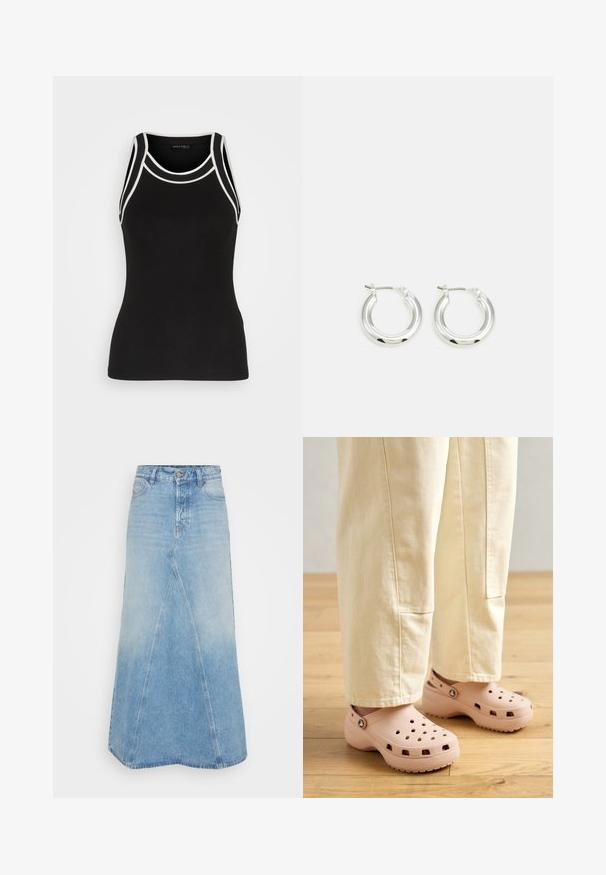 Zwarte geribde tanktop met witte accentdetails. Kenmerkt zich door een ronde halslijn en racerback ontwerp. Gemaakt van een rekbare stof voor comfort.; Lichtblauwe denim rok met een lange, A-lijn vorm, voorzien van een voornaad en een ruwe zoom. Klassieke vijf-pocket stijl en riemlussen inbegrepen.; Lichtroze klompen van rubber, met ventilatiegaten, een gevormde pasvorm en een geprofileerde zool voor grip. Draagt in combinatie met lichtbeige broek.; Zilveren oorbellen in de vorm van een ring met een gepolijste afwerking, met een cirkelvorm en een scharnierende postsluiting. Glad oppervlak met minimale details.