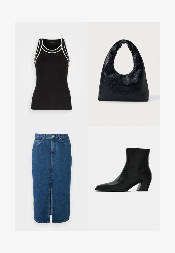 Schwarzes geripptes Tanktop mit weißen Akzenten. Verfügt über einen runden Halsausschnitt und ein Racerback-Design. Hergestellt aus einem dehnbaren Stoff für zusätzlichen Komfort.; Midilanger blauer Denimrock mit mittigem Frontschlitz, Gürtelschlaufen, Vordertaschen und Knopfverschluss in der Taille.; Schwarze Leder-Stiefelette mit spitzem Zeh, schlanker Silhouette und klobigem quadratischem Absatz. Glatte Textur mit minimalen Nähdetails.; Schwarze Lederhandtasche mit einer strukturierten, runden Form, ausgestattet mit einem großen, halbmondförmigen Ausschnittgriff und einem strukturierten Rautenmuster.