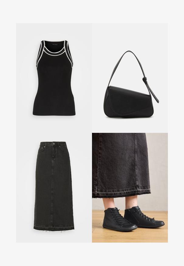 Sort ribbet tanktop med hvide kontrastkanter. Har en rund halsudskæring og racerback-design. Fremstillet af et strækbart stof for komfort.; Sort denim midi-nederdel med en tætsiddende talje, frontknaplukning og frynset kant. Har klassisk fem-lomme-design og let struktur.; Sorte læder høje sko med en glat overflade, der har snørebånd og en sidezipper. Båret med en lang sort denimnederdel.; Sort læderhåndtaske med en triangular form, skrå klap og et rundt håndtag. Har en glat overflade og minimalistiske design detaljer.