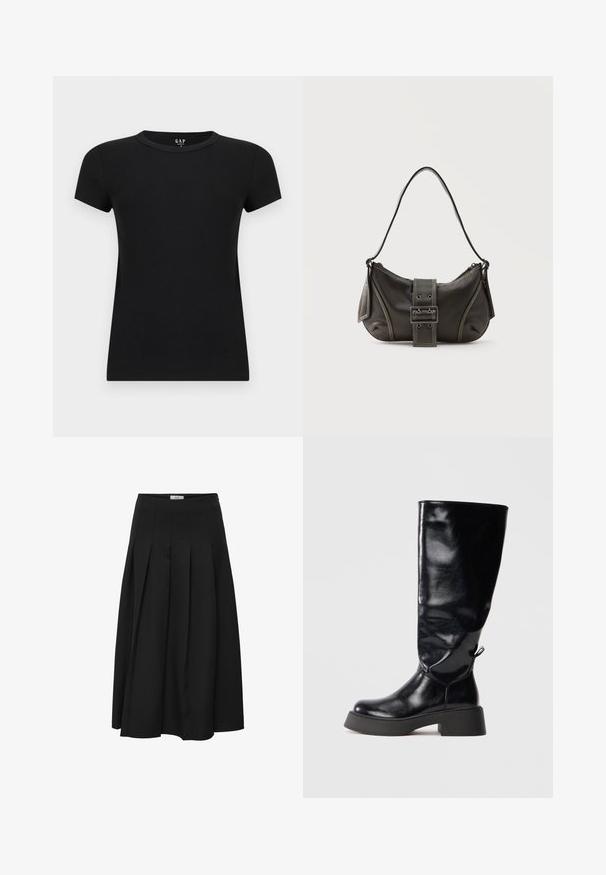 Schwarzes Damen-T-Shirt mit kurzen Ärmeln und Rundhalsausschnitt, schmal geschnitten, dargestellt vor einem einfarbigen hellen Hintergrund.; Schwarzer plissierter Midirock aus glattem Stoff. Verfügt über eine hohe Taille und eine fließende Silhouette mit sorgfältig genähten Falten.; Knöchelhohe schwarze Lederstiefel mit glänzender Oberfläche, runder Zehenform, dicker Plateauabsatz und dekorativem Schlaufen-Detail an der Rückseite.; Schwarze Leder-Schultertasche mit Schnallengurt-Detail, abgerundeten Kanten und kontrastierenden weißen Nähten auf schlichtem Hintergrund.