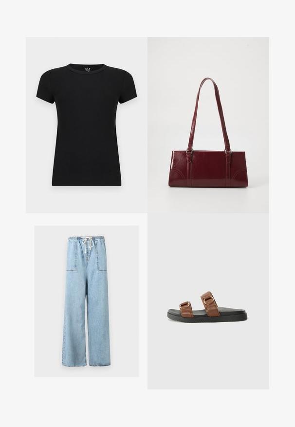 T-shirt pour femmes noir à manches courtes avec col rond et coupe ajustée, présenté sur un fond clair uni.; Pantalon en denim bleu clair à jambes larges avec taille élastique et cordon blanc, présentant de grandes poches plaquées à l'avant.; Des sandales en cuir marron à glisser présentent deux larges lanières avec du matériel doré, reposant sur une semelle en caoutchouc noir texturé.; Sac à main bordeaux en matériau brillant, de forme rectangulaire, avec deux anses et des accents légèrement courbés à l'avant.