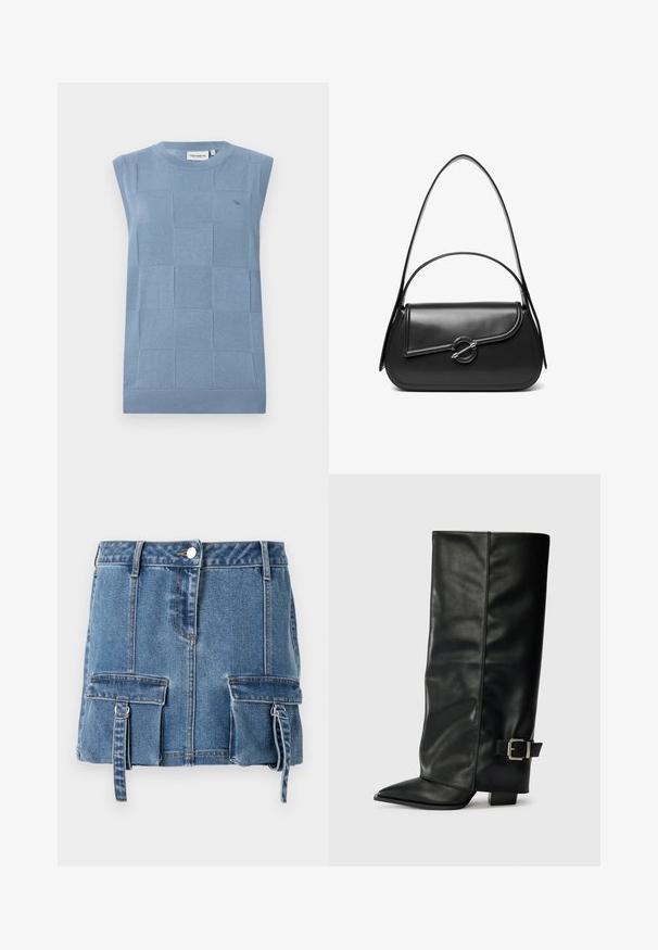 Lyseblå ærmeløs sweater med et struktureret ternet mønster, ribbet halsudskæring og kant, lavet af blød strikmateriale. Minimalistisk logo detaljer.; Lysblå denim mini nederdel med høj talje, frontlukning med knapper og to forlommer med justerbare stropper.; Sorte læder ankelstøvler i ankellængde med spids tå, glat tekstur og en sølvspændeaccents på siden. Kraftig firkantet hæl.; Sort skuldertaske i læder med en buet klap, der er fastgjort med en rund metal spænde, og en slank, justerbar rem.