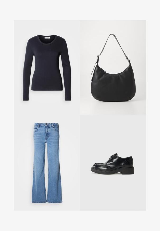 Sort langærmet tætsiddende top lavet af glat stof, med rund udskæring og enkelt design, med et lille label på den nederste side.; Lyseblå jeans med vid ben lavet af denim. Har et klassisk fem-lomme-design og synlig knaplukning. Blød tekstur og enkel finish.; Sorte læder oxford sko med rund tå, snørebåndsdesign og en tykk sort gummisål. Glat tekstur og minimale syninger.; Sort hobo-taske lavet af glat, holdbart materiale. Har en enkelt justerbar rem og et subtilt præglogo på forsiden.