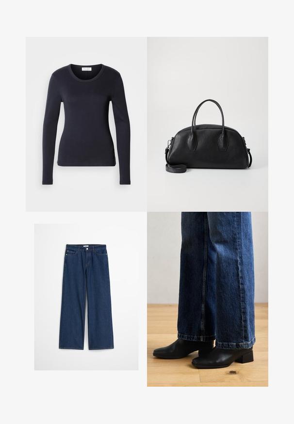 Sort langærmet tætsiddende top lavet af glat stof, med rund udskæring og enkelt design, med et lille label på den nederste side.; Mørkeblå lige ben-jeans med høj talje, lavet af denim. Har forlommer, bæltestropper og knaplukning. Klassisk design.; Sorte læder ankelstøvler med firkantede tåspidser og lave blokhæle, parret med brede blå denim jeans, på et trægulv.; Sort læder håndtaske med rund form, dobbelte top håndtag, tekstureret overflade og aftagelig skulderrem. To hexagonale detaljer på siderne.