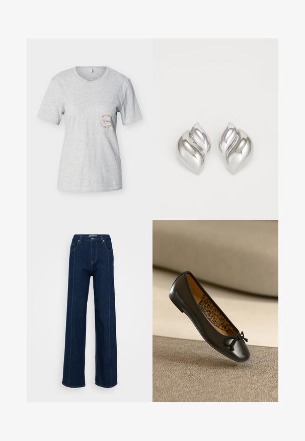 Lysegrå T-shirt med korte ærmer og en lille brystlomme, der har en blomsterkrans og teksten "Hey darling" indeni.; Mørkeblå højtaljede brede jeans med forlommer, bæltestropper og kontrastsyning på en ensfarvet lys baggrund.; Sort læderballetsko med rundet tå og stofsløjfe, der har et leopardmønster på indersiden. Glat tekstur og slankt design.; Sølvøreringe med en organisk, abstrakt form. Glat, skinnende overflade med et tilspidset design. Har subtile kurver og en centrallinje detalje.