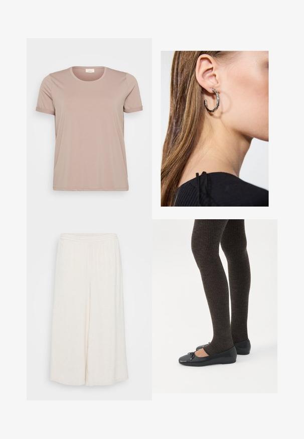 Lichtroze T-shirt met korte mouwen, een ronde halslijn en opgerolde mouwen, gemaakt van een gladde, zachte stof. Geen zichtbare patronen of accenten.; Witte linnen culottes met een elastische taille, brede benen en een textuur. Het kledingstuk heeft een losse, ontspannen pasvorm voor comfort.; Benen met donkere geribbelde leggings gecombineerd met zwarte ballerina's met kleine strikdetails op een witte achtergrond.; Zilveren oorbel met een gepolijste afwerking, met kleine gouden accentdetails en een ronde vorm, gedragen op de oorlel.