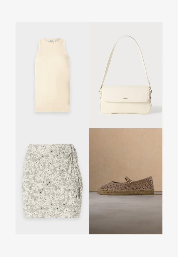 Top sans manches en beige clair, en tissu côtelé, avec un col rond et une coupe ajustée. Texture lisse avec des coutures minimales.; Jupe mini fleurie en vert clair et crème avec un côté froncé et des détails en accent noir. Tissu doux et texturé avec un design enroulé.; Chaussure plate beige perforée avec un bout arrondi, une bride ajustable et une semelle en jute tissée, suspendue au-dessus d'une surface texturée.; Sac à bandoulière en cuir couleur crème avec fermeture à rabat, quincaillerie argentée, une bandoulière réglable et un logo discret.
