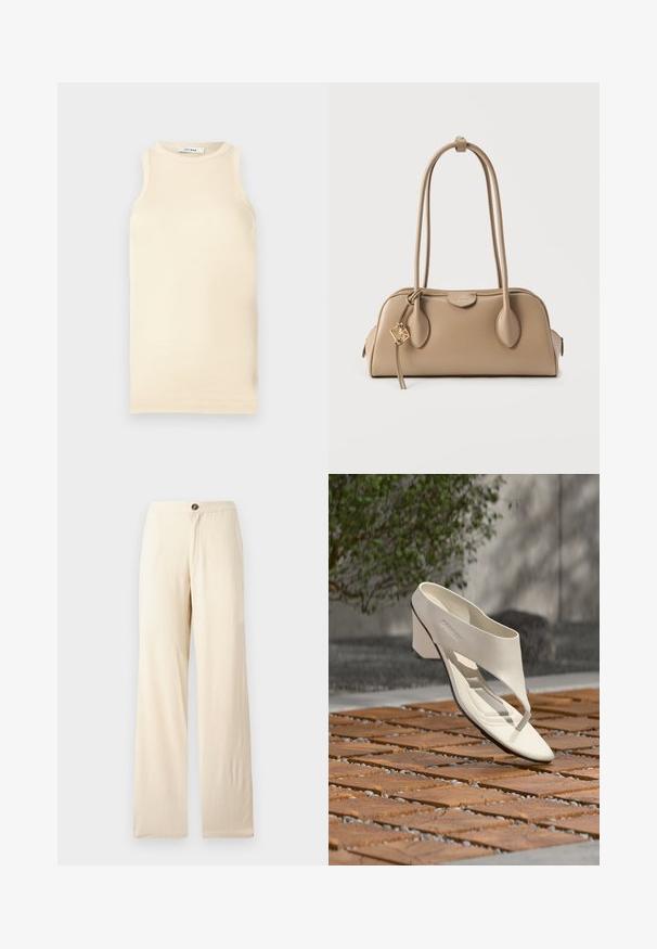 Lys beige ærmeløs top lavet af ribbet stof, med en rund halsudskæring og tætsiddende design. Glat tekstur med minimale sømme.; Beige, vidde bukser lavet af letvægtsstof. Har en frontknap-lukning og lige kanter. Glat tekstur med minimale syninger.; Hvid læderhæl sandal med bred rem og tåpost, vist udendørs på en overflade med træ og grusfliser med grønt i baggrunden.; Beige håndtaske med glat lædertekstur. Rund form, to lange håndtag og en gulddetalje på lynlåsen.