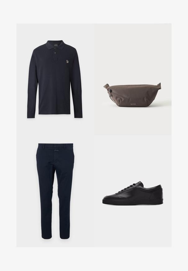 Marineblaues langärmeliges Poloshirt mit zwei Knöpfen und einem kleinen mehrfarbigen Zebra-Logo auf der linken Brust.; Navyblaue Baumwollchinos mit slim Fit, flachem Vorderteil und Reißverschluss. Verfügt über seitliche Taschen und eine Gesäßtasche mit einem kleinen Markentag.; Schwarzer flacher Leder-Sneaker mit Schnürung vorne und flacher Gummisohle, seitlich auf einem schlichten weißen Hintergrund gezeigt.; Dunkelbraune Stoff-Gürteltasche mit diagonalem Reißverschlussfach und kleinem weißen Logo vorne, vor einem einfarbigen hellen Hintergrund.