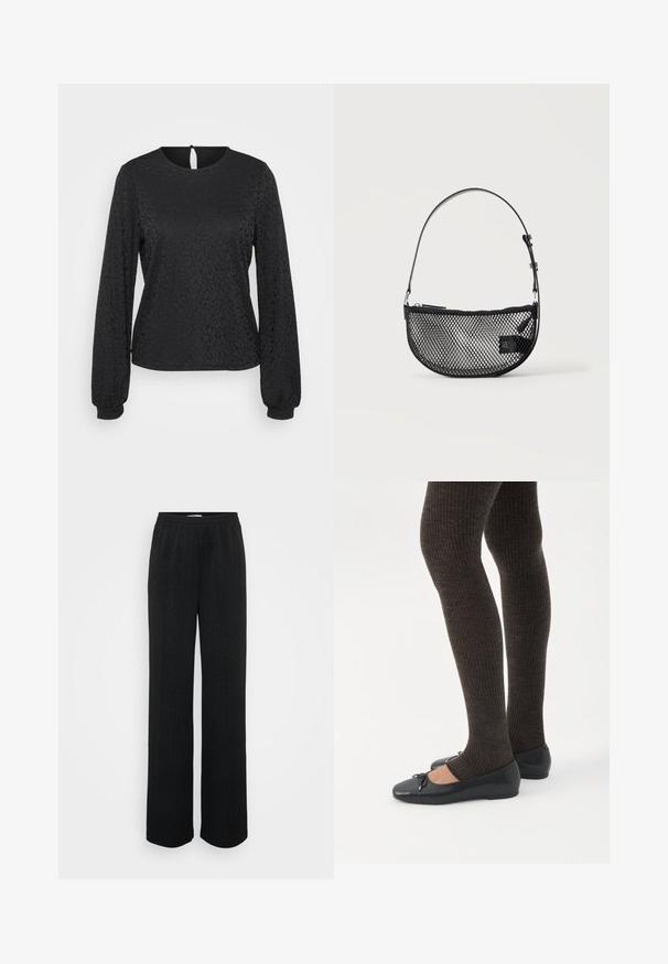 Blouse noire à manches longues avec un motif léopard texturé, encolure ronde et fermeture dos en forme de clé. Les poignets élastiques améliorent l'ajustement.; Pantalons larges noirs en tissu texturé avec des rayures verticales et une taille élastique pour le confort.; Jambes portant des leggings côtelés foncés associés à des ballerines noires avec de petits détails en nœud sur fond blanc.; Sac à main en maille noire forme demi-lune avec une courte bandoulière en cuir réglable et une fermeture éclair sur un fond clair uni.
