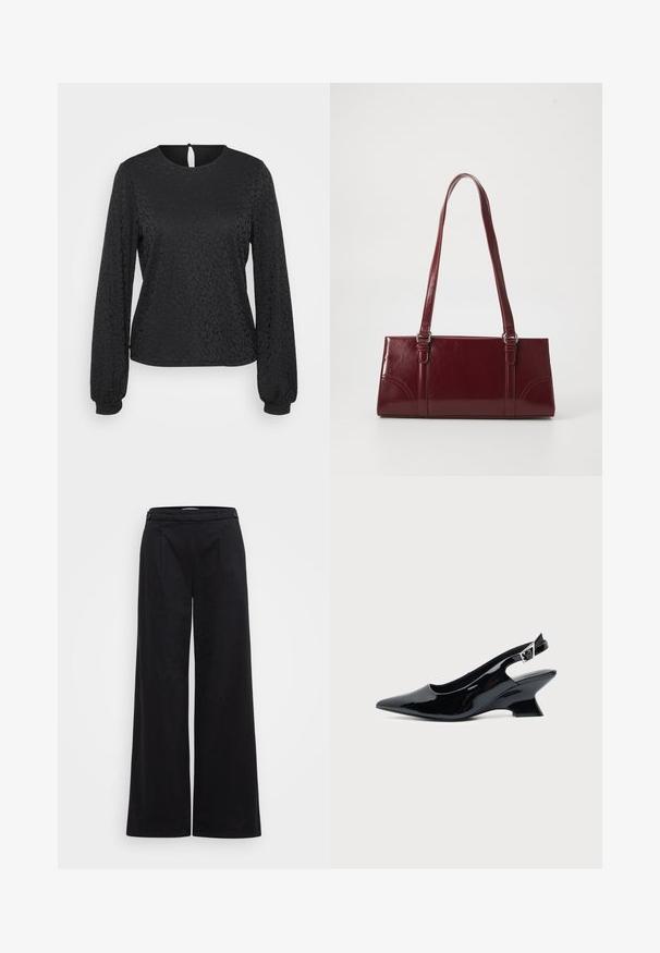 Blouse noire à manches longues avec un motif léopard texturé, encolure ronde et fermeture dos en forme de clé. Les poignets élastiques améliorent l'ajustement.; Pantalons larges noirs avec une texture lisse, dotés de plis sur les côtés, d'une taille ajustée et de deux boutons à l'avant.; Chaussure slingback en cuir verni noir avec bout pointu et petit talon bloc incliné sur fond clair uni.; Sac à main bordeaux en matériau brillant, de forme rectangulaire, avec deux anses et des accents légèrement courbés à l'avant.
