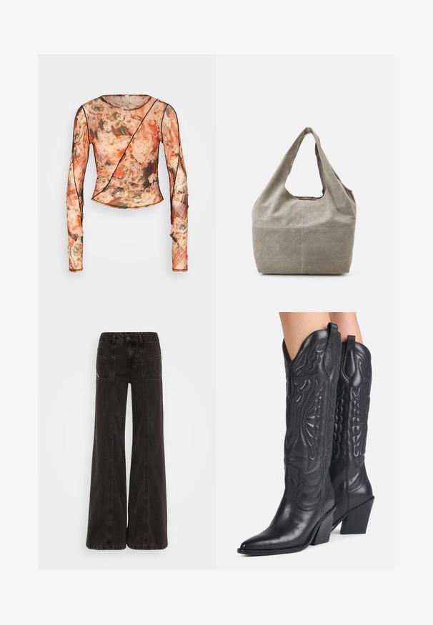 Bec + Bridge AVERIL GATHERED - Longsleeve - glitch; Zwarte wijde jeans gemaakt van denim, met een hoge taille, voorzakken en ton sur ton stiksels langs de naden.; Zwarte leren cowboylaarzen met spitse neuzen, decoratieve stiksels en schuine blokhakken gedragen door een persoon.; Grijze suède totebag met een losjes ontwerp, brede schouderriem en een grote opening. Kenmerkt subtiele stiksels en bodemstuds voor stabiliteit.