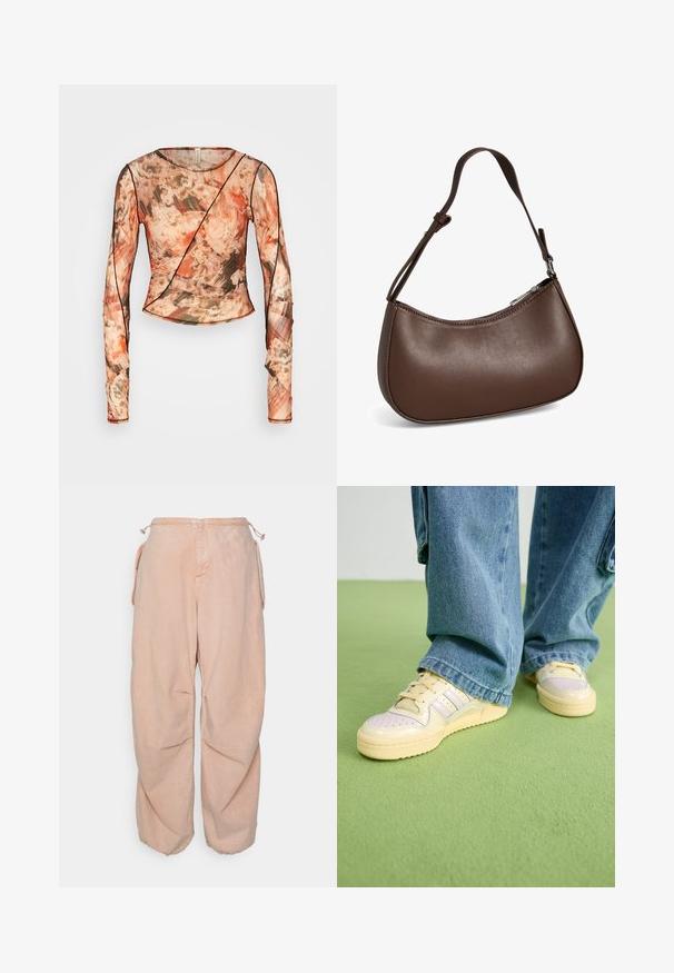 Bec + Bridge AVERIL GATHERED - Pikkade varrukatega topp - glitch; BDG Urban Outfitters BAGGY CARGO - Avar lõikega teksad - acid pink; Kreemipealsega ja tekstureeritud kummitaldiga tossud, millel on aukudega detailid ja kihilised aktsendid helesinisel ja beežil.; Väike pruunist nahast õlakott reguleeritava rihma ja tõmblukuga, näidatud valgel taustal. Nähtavat kaubamärki ega kaunistusi pole.