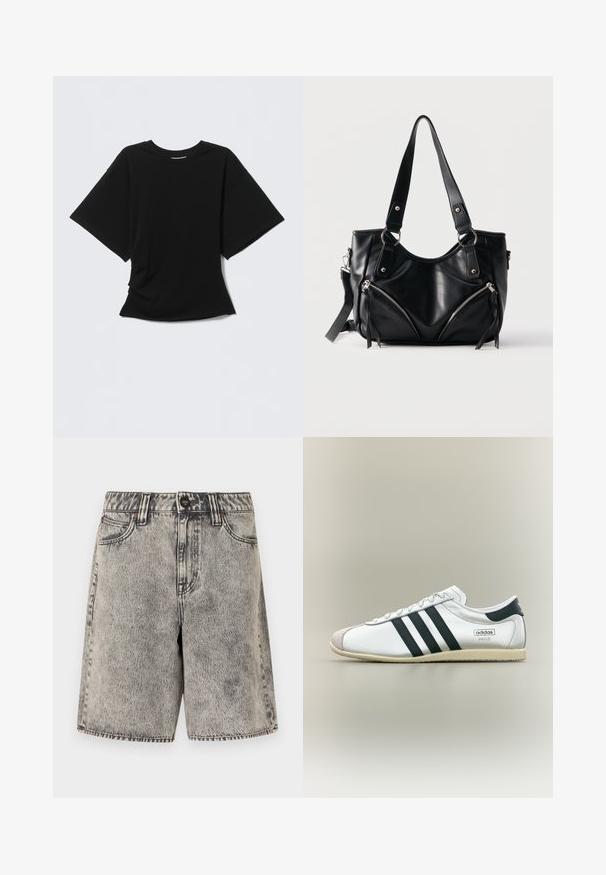 T-shirt noir à manches courtes avec col rond et coupe légèrement oversize, présenté sur un fond gris clair.; Short en denim gris délavé acidulé, taille haute, avec bouton à l'avant, fermeture éclair, passants de ceinture et deux poches avant sur fond blanc.; Baskets Adidas Paris blanches avec des rayures noires, une semelle beige et un bout en cuir suédé, vues de profil sur un fond neutre.; Sac à main en cuir noir avec deux poches avant zippées, deux bretelles d'épaule, et une bandoulière latérale amovible sur fond blanc uni.