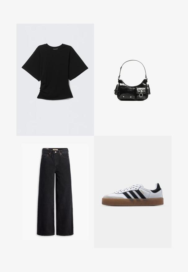 Zwart T-shirt met korte mouwen en ronde hals, licht oversized pasvorm, getoond op een lichtgrijze achtergrond.; Zwarte brede jeans gemaakt van denim, met vijf zakken, koperen klinknagels en een klassieke knoopsluiting. Glad van textuur met een strakke uitstraling.; Witte leren sneakers met zwarte strepen, gumrubberen buitenzool, ronde neus, vetersluiting en een zachte grijze suède neuskap.; Zwarte laarzen in lakleer met een gebogen vorm, één schouderband, voorvakken en accenten in zilverkleurig metaal.