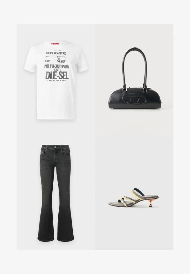 Weißes Baumwoll-T-Shirt mit schwarzem, fett gedrucktem Text mit den Worten "DIE-SEL" und "AUTOMAT". Rundhalsausschnitt und kurze Ärmel. Glatte Textur.; Schwarze, ausgestellte Jeans aus Denim mit mittelhohem Bund, Fünf-Taschen-Design und Ziernähten an den Taschen. Glatte Textur mit leichtem Glanz.; Denim-Slidesandale mit drei gelben, ausgefransten Riemen, einer leicht spitzen Zehenpartie und einem metallischen Kitten-Heel. Flache Sohle mit dekorativer Naht.; Schwarze Lederhandtasche mit langen doppelten Griffen und geprägtem ovalem Logo auf der Vorderseite, vor einem schlichten hellen Hintergrund gezeigt.