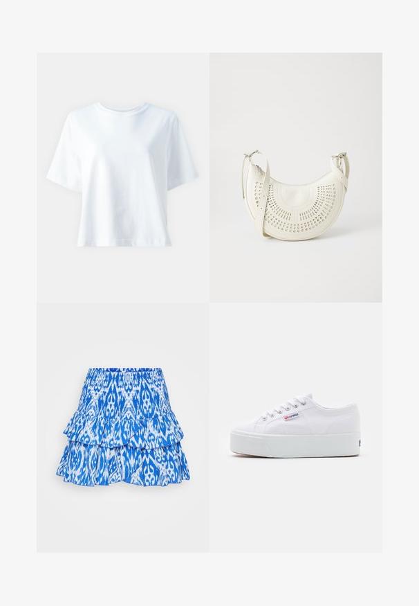 Witte katoenen t-shirt met een ronde hals, korte mouwen, een comfortabele pasvorm en een gladde textuur. Geen patronen of accenten zichtbaar.; Blauwe gelaagde rok met een levendig ikatpatroon. Bevat gerimpelde lagen en een elastische tailleband voor verstelbaarheid. Het materiaal lijkt lichtgewicht te zijn.; Witte canvas sneaker met een dikke witte platformzool, ronde neus en metalen oogjes voor veters. Merkl logo aan de zijkant weergegeven.; Witte vegan leren schoudertas met een geperforeerd cirkelontwerp, verstelbare schouderriem en gegraveerd logo op de voorkant. Ritssluiting aan de bovenkant.