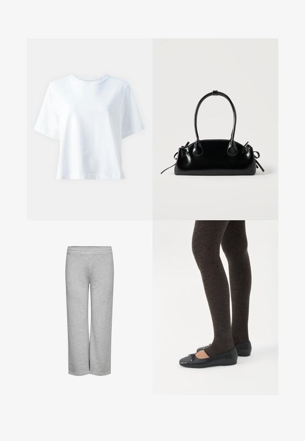 Hvid bomulds t-shirt med rund hals, korte ærmer, afslappet pasform og glat tekstur. Ingen mønstre eller detaljer synlige.; Grå sweatpants med bred bendesign, blød tekstur og elastisk talje, uden synlige mønstre eller hardwaredetaljer.; Ben iført mørke ribbede leggings kombineret med sorte balletsko med små sløjfedetaljer på hvid baggrund.; Lille sort blank håndtaske med to lange håndtag og snøre-detaljer i siden på en ensfarvet lys baggrund.