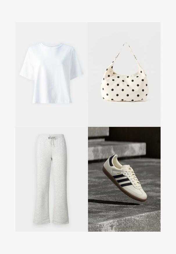Witte katoenen t-shirt met een ronde hals, korte mouwen, een comfortabele pasvorm en een gladde textuur. Geen patronen of accenten zichtbaar.; Gina Tricot Petite ICONIC - Trainingsbroek - grey; Witte Adidas Samba sneaker met zwarte strepen en gumzool, zwevend boven gestructureerde grijze betonnen treden.; Crèmekleurige stoffen handtas met zwarte polkadots en een enkele schouderriem, getoond tegen een effen witte achtergrond.